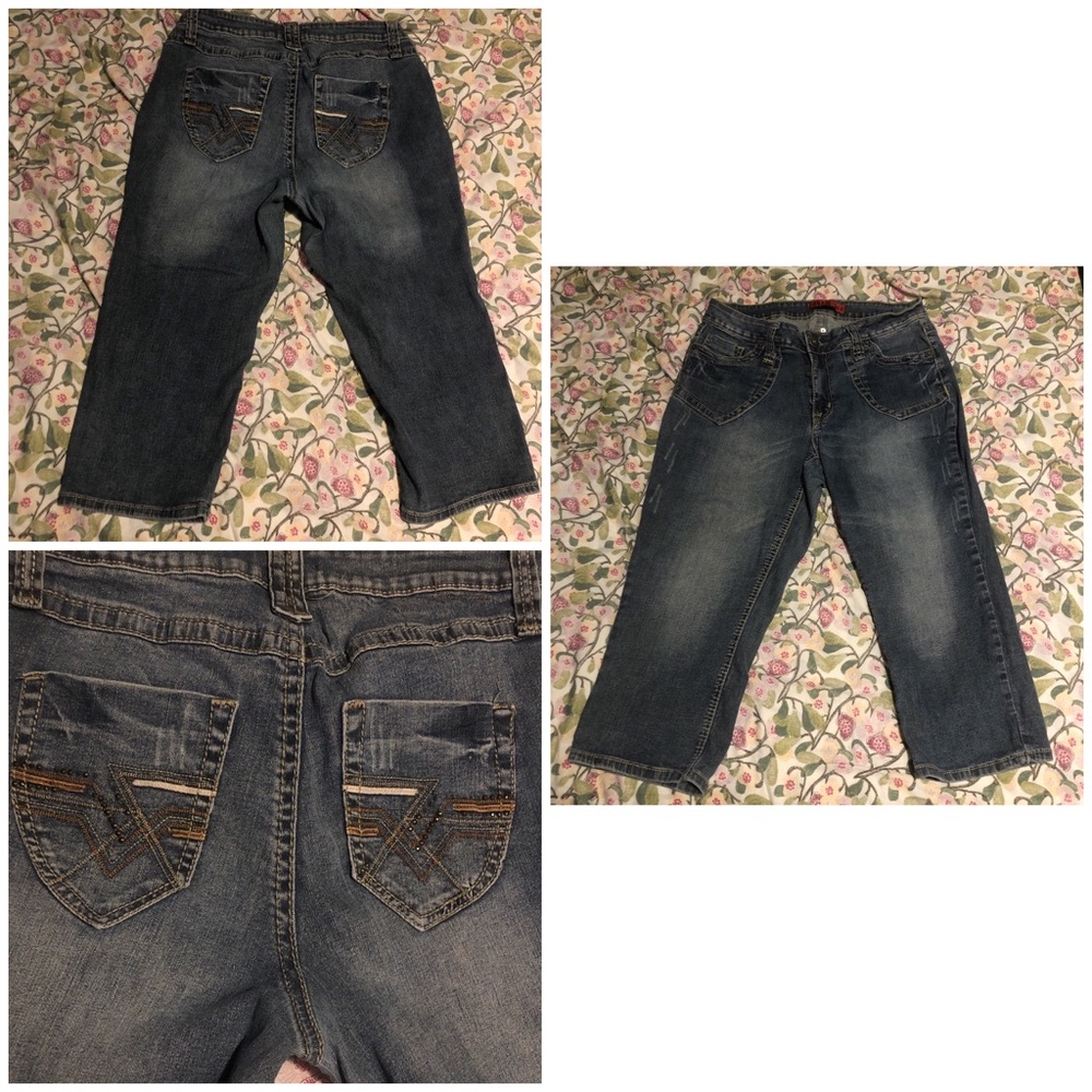 Zanadi blue low rise capri jeans with embroidered bedazzled pockets
